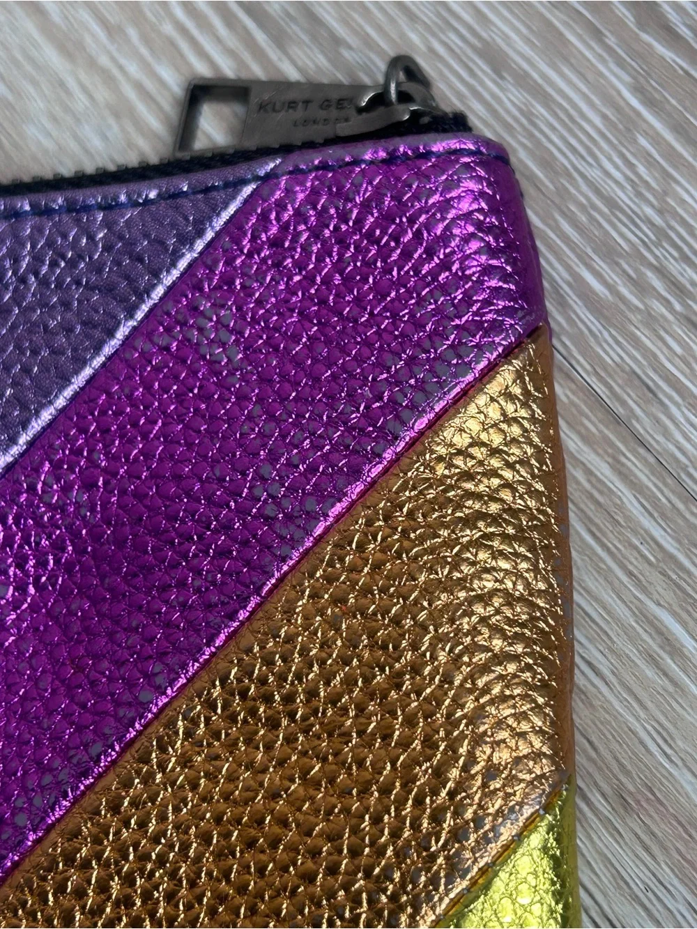 Kurt Geiger Metallic Rainbow Leather Pouch & Wallet Set - Teal, Purple, Gold